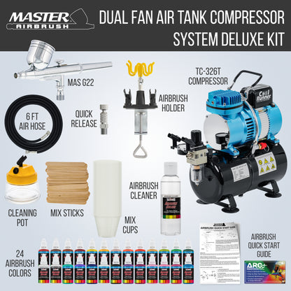 Cool Runner II Airbrush Kit with Compressor Dual Fan - Air Brush Painting Set Includes Gravity Feed Air Brush, 24 Acrylic Colors
