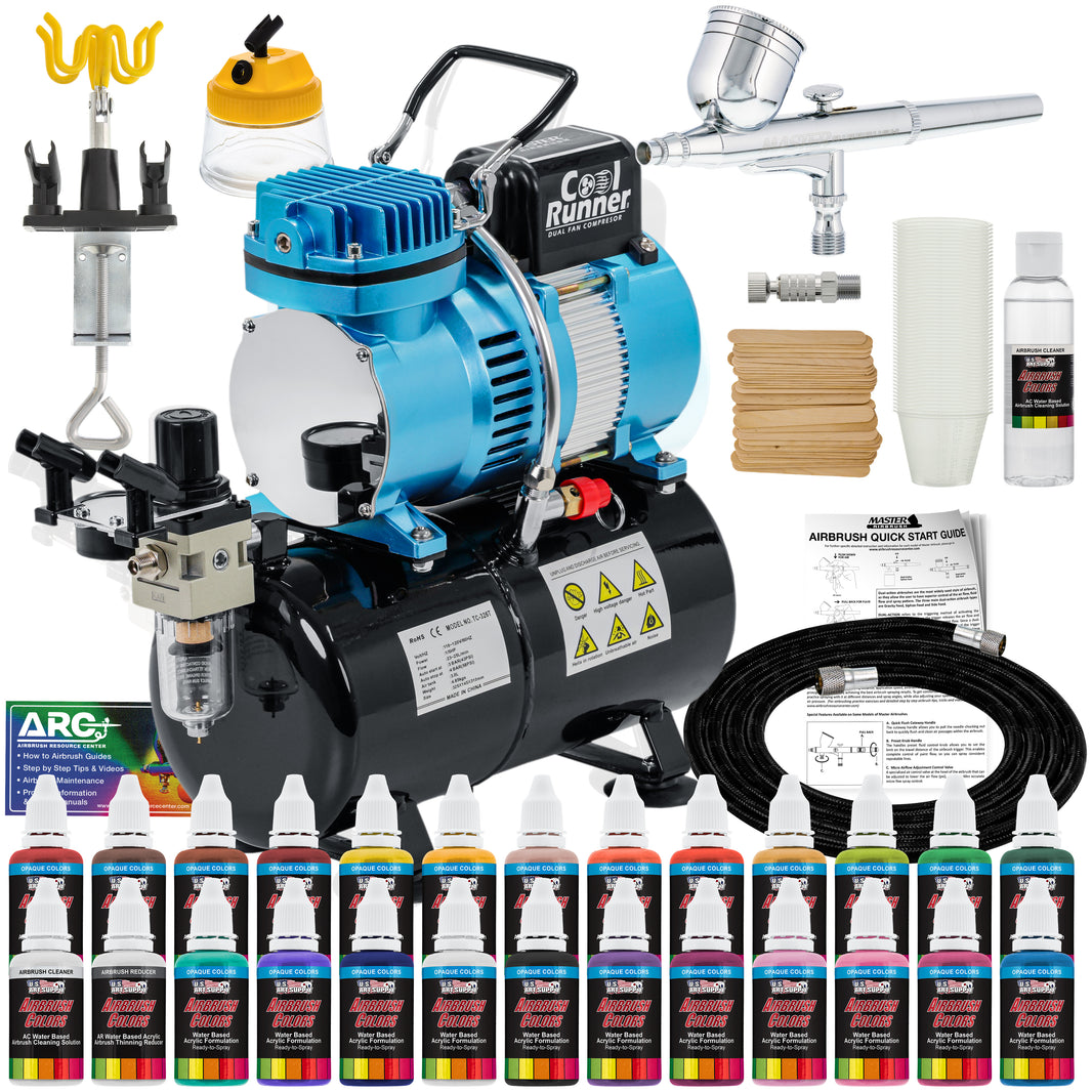 Cool Runner II Airbrush Kit with Compressor Dual Fan - Air Brush Painting Set Includes Gravity Feed Air Brush, 24 Acrylic Colors