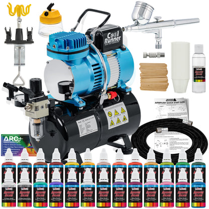 Cool Runner II Airbrush Kit with Compressor Dual Fan - Air Brush Painting Set Includes Gravity Feed Air Brush, 24 Acrylic Colors