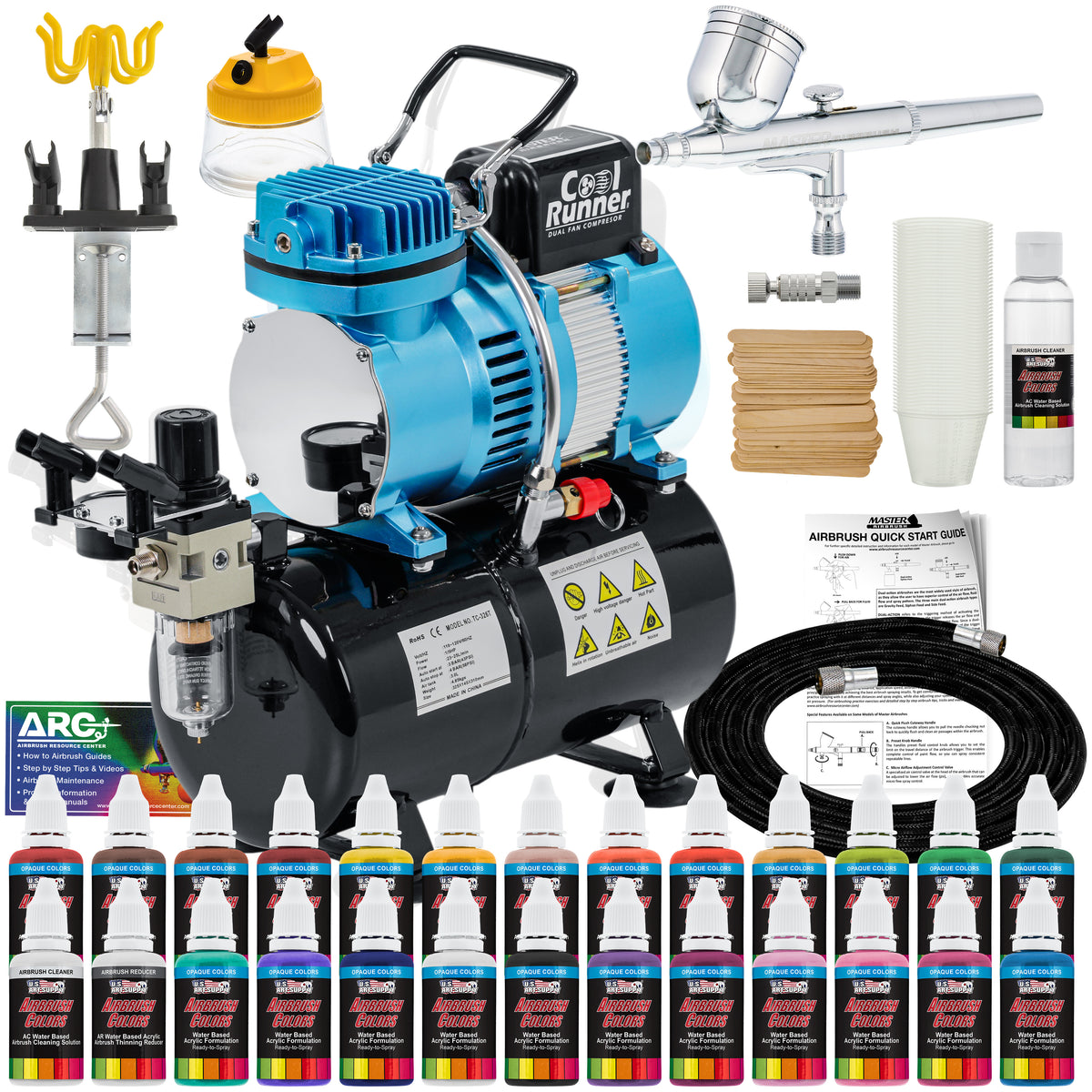 Dual Fan Air Tank Compressor with Gravity Feed Airbrush 24 Color