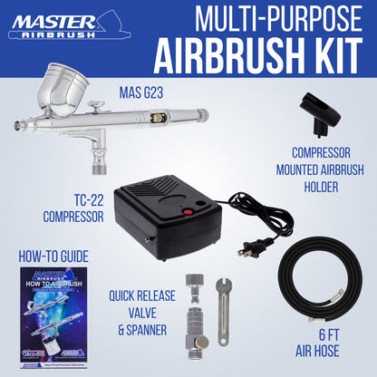 Airbrushing System Kit with a G23 Multi-Purpose Gravity Feed Dual-Action Airbrush with Cup and 0.3mm Tip , Mini Air Compressor, How-To-Airbrush Guide