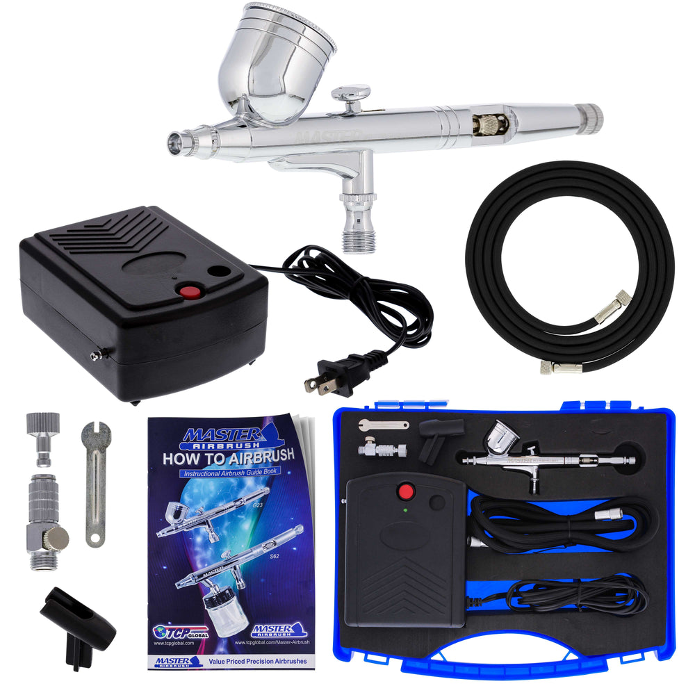 Airbrushing System Kit with a G23 Multi-Purpose Gravity Feed Dual-Action Airbrush with Cup and 0.3mm Tip , Mini Air Compressor, How-To-Airbrush Guide