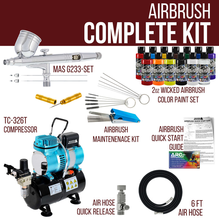 Cool Runner II Dual Fan Air Tank Compressor System with Gravity Airbrush Kit with 3 Tips, 12 Wicked Colors Acrylic Paint Artist Set, Cleaning Kit