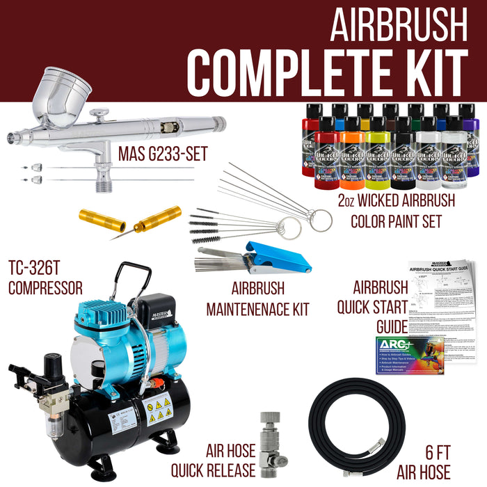 Master Airbrush Cool Runner II Dual Fan Air Brush Compressor System - Professional Gravity Airbrush Kit with Compressor, 3 Tips, 12 Createx Wicked Acrylic Paint Colors, Air Brush Cleaning Tools