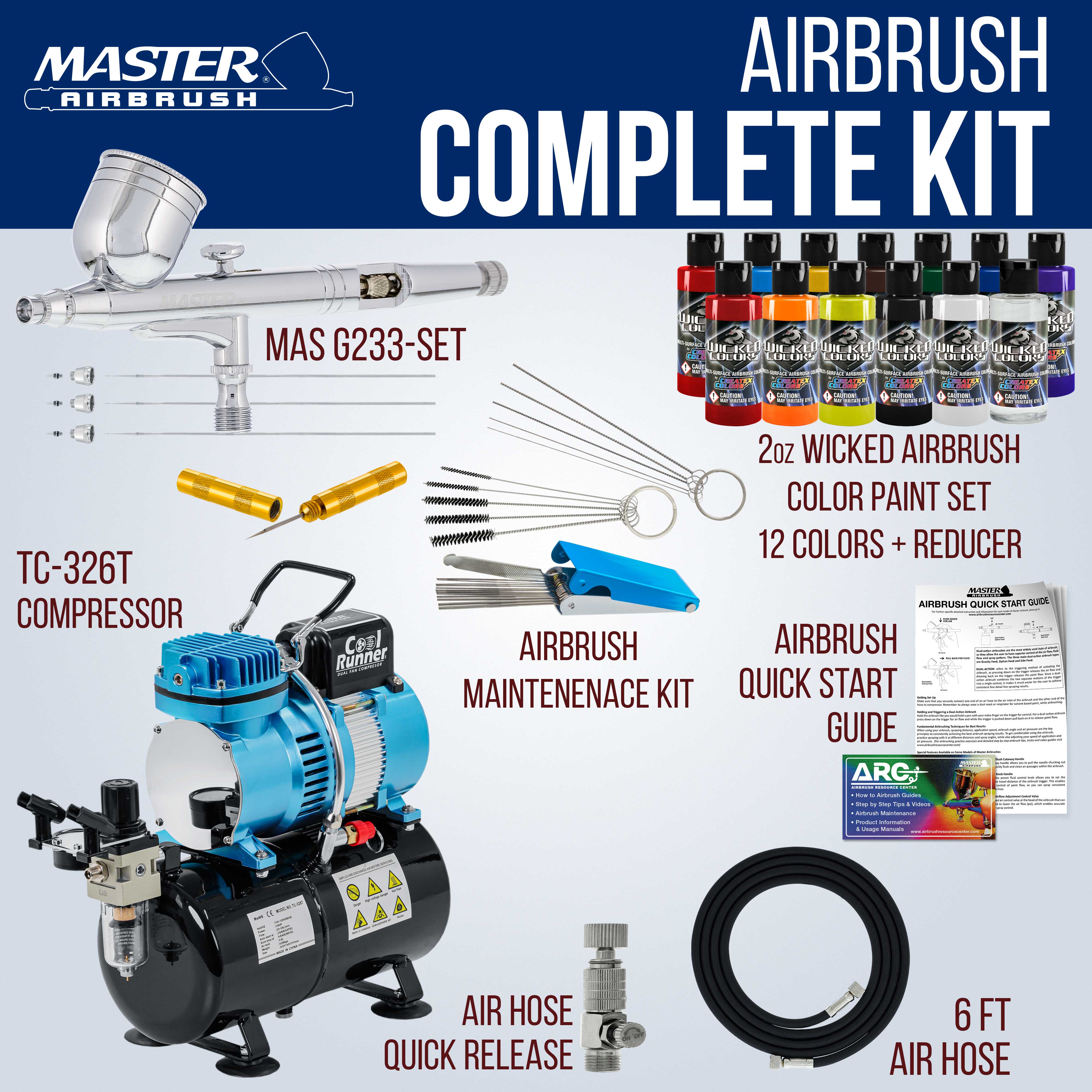 Air Tank Compressor with Gravity Airbrush Kit, 12 Wicked Color Set