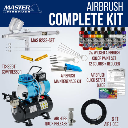 Cool Runner II Dual Fan Air Brush Compressor System - Professional Gravity Airbrush Kit with Compressor, 3 Tips, 12 Createx Wicked