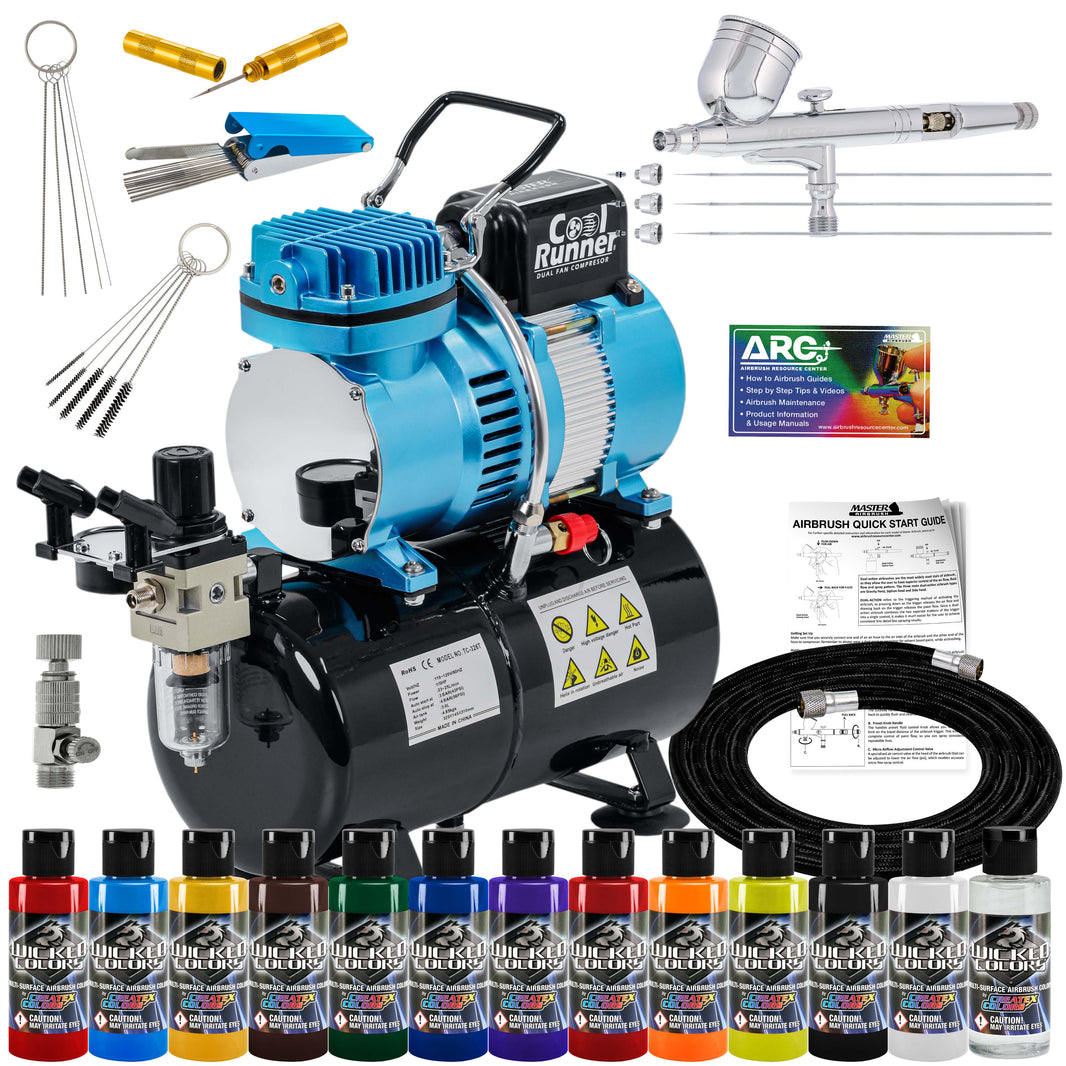 Cool Runner II Dual Fan Air Brush Compressor System - Professional Gravity Airbrush Kit with Compressor, 3 Tips, 12 Createx Wicked