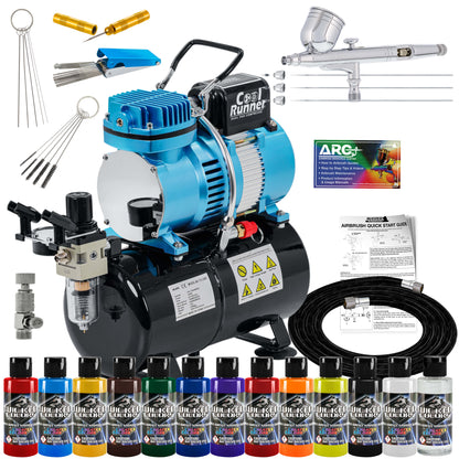 Cool Runner II Dual Fan Air Brush Compressor System - Professional Gravity Airbrush Kit with Compressor, 3 Tips, 12 Createx Wicked