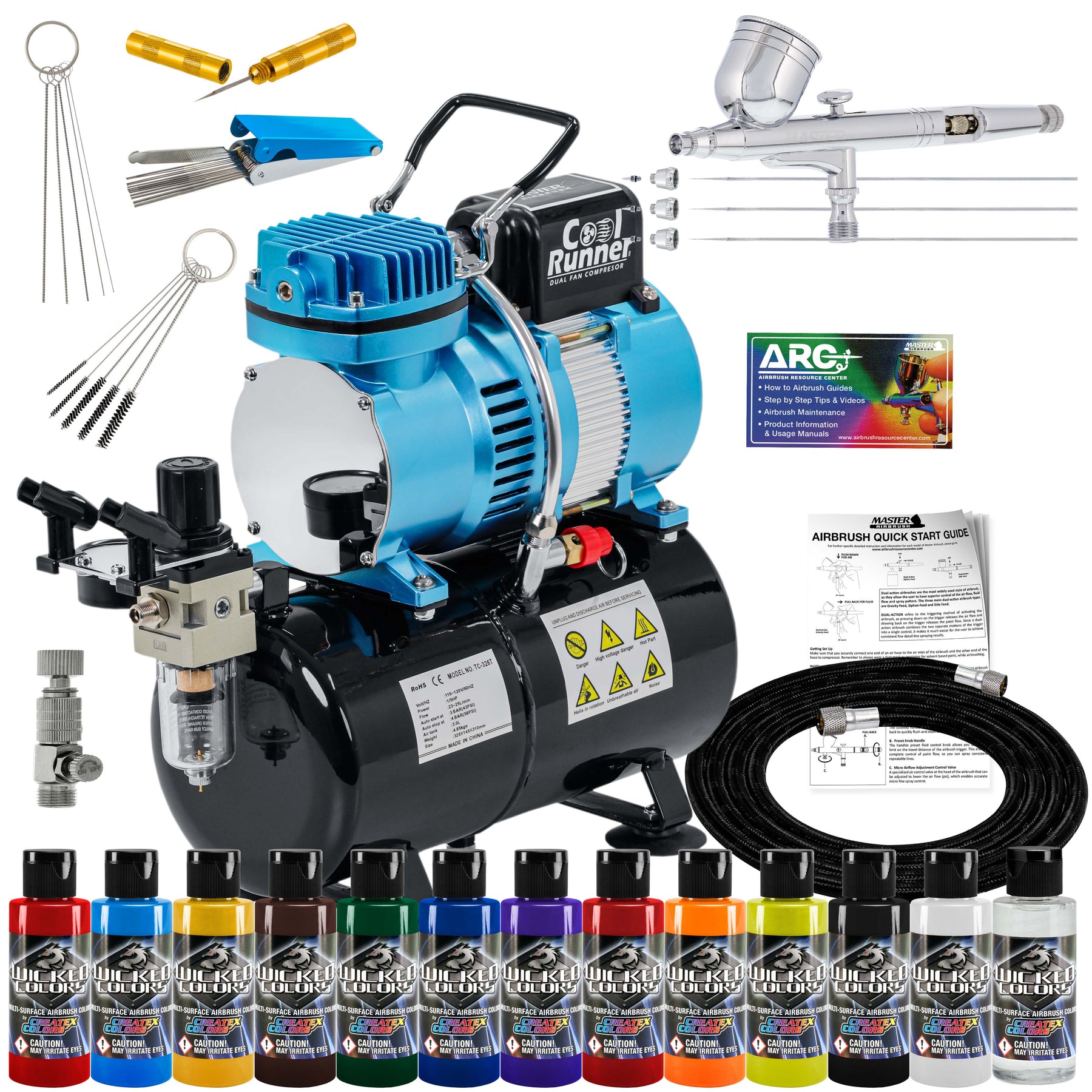 Air Tank Compressor with Gravity Airbrush Kit, 12 Wicked Color Set