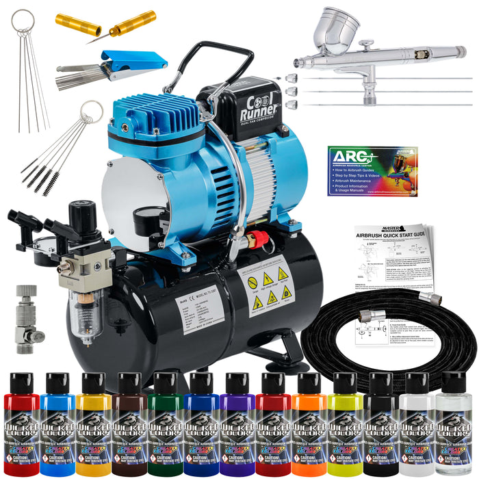 Master Airbrush Cool Runner II Dual Fan Air Brush Compressor System - Professional Gravity Airbrush Kit with Compressor, 3 Tips, 12 Createx Wicked Acrylic Paint Colors, Air Brush Cleaning Tools