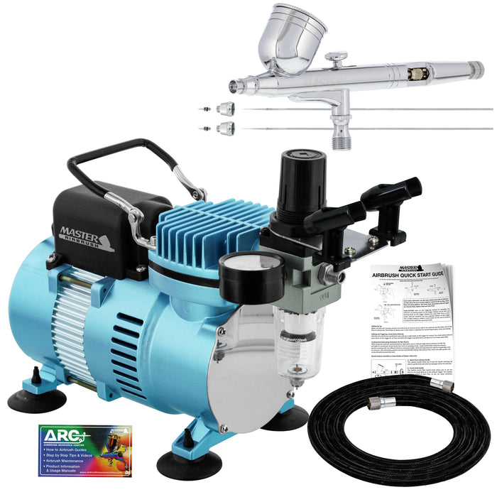 Cool Runner II Dual Fan Air Compressor System Kit with a G233 Gravity Feed Dual-Action Airbrush, 0.2, 0.3, 0.5 mm Tips - Hose, Holder, How-To Guide