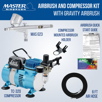 Cool Runner II Dual Fan Air Compressor System Kit with a G23 Gravity Feed Dual-Action Airbrush Set with 0.3 mm Tip - Hose, Holder, How-To Guide