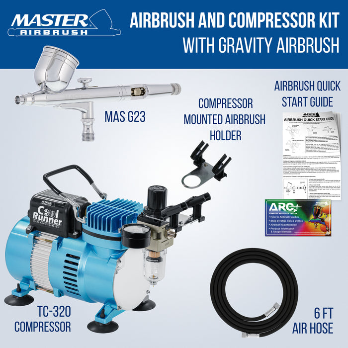 Cool Runner II Dual Fan Air Compressor System Kit with a G23 Gravity Feed Dual-Action Airbrush Set with 0.3 mm Tip - Hose, Holder, How-To Guide