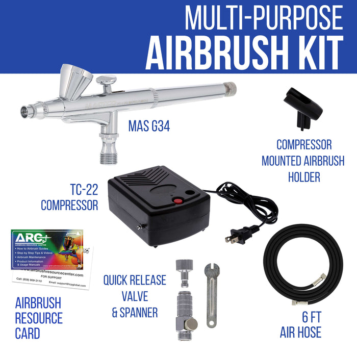 Master Airbrush Multi-Purpose Airbrush Decorating Kit with Dual-Action Air Brush (G34), Multi-Purpose Mini Air Compressor, Hose, Storage Case, How-To-Airbrush ARC Link Card