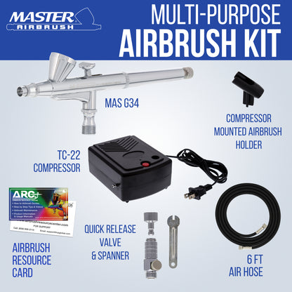 Multi-Purpose Airbrush Decorating Kit with Dual-Action Air Brush (G34), Multi-Purpose Mini Air Compressor, Hose, Storage Case