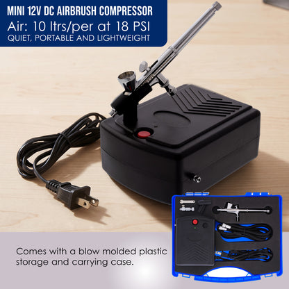 Multi-Purpose Airbrush Decorating Kit with Dual-Action Air Brush (G34), Multi-Purpose Mini Air Compressor, Hose, Storage Case