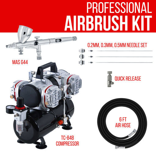 High Precision Detail Control Dual-Action Gravity Feed G444 Airbrush Kit with 3 Tip Sizes and a 4 Cylinder Piston Air Compressor & Air Hose