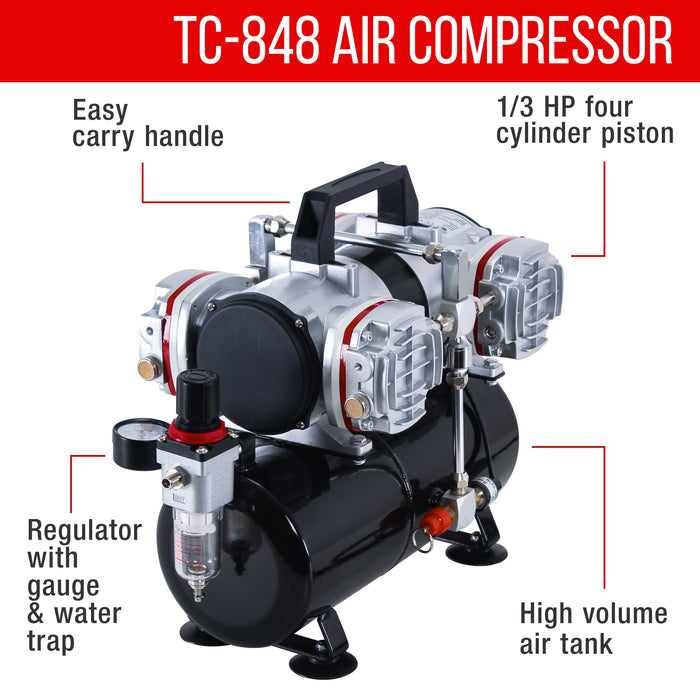 High Precision Detail Control Dual-Action Gravity Feed G444 Airbrush Kit with 3 Tip Sizes and a 4 Cylinder Piston Air Compressor & Air Hose