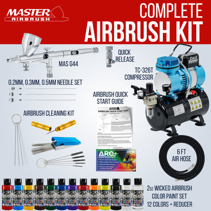 Multi-Purpose with Air Compressor - G444 Airbrush, TC-326T Dual Fan Tank Compressor, 3 Needle Nozzle Tips, 12 Createx Wicked Acrylic