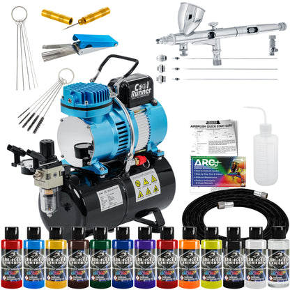 Multi-Purpose with Air Compressor - G444 Airbrush, TC-326T Dual Fan Tank Compressor, 3 Needle Nozzle Tips, 12 Createx Wicked Acrylic