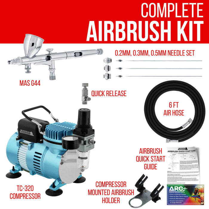 Cool Runner II Dual Fan Air Compressor System Kit with a G444 Fine Detail Control Gravity Feed Dual-Action Airbrush Set with 0.2, 0.3, 0.5 mm Tips