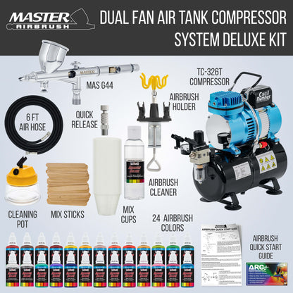 Cool Runner II Dual Fan Air Storage Tank Compressor System Kit with a G44 Fine Detail Control 0.2mm Tip Airbrush, 24 Color Acrylic