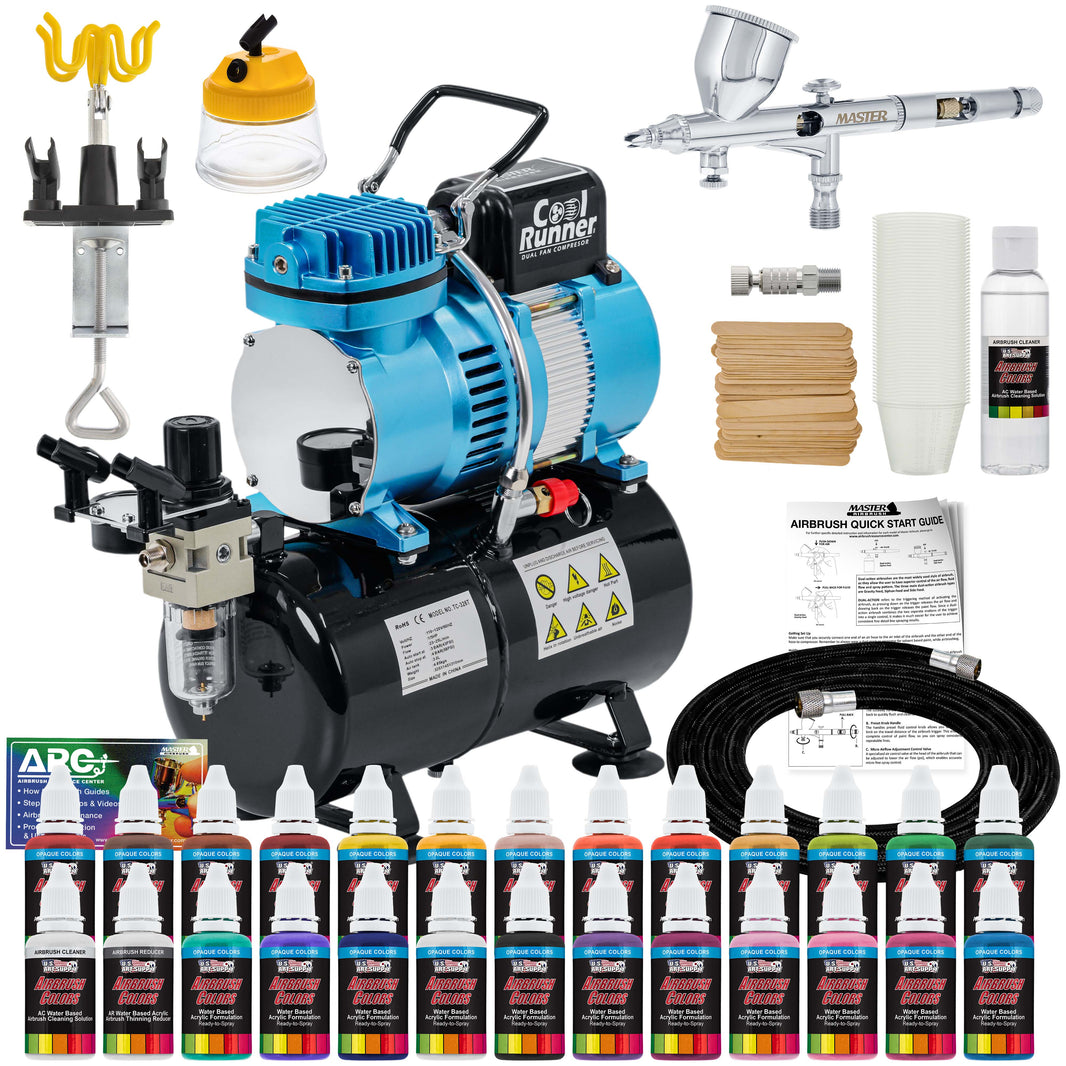 Cool Runner II Dual Fan Air Storage Tank Compressor System Kit with a G44 Fine Detail Control 0.2mm Tip Airbrush, 24 Color Acrylic