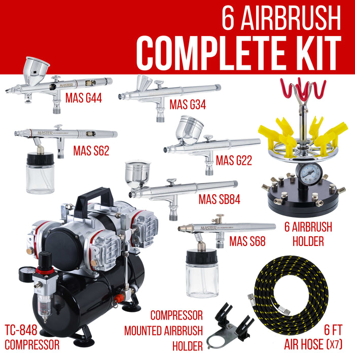 6 Master Model G22, G34 & G44 Gravity Feed, S62 & S68 Siphon Feed, S68 Side Feed Airbrushes with 4 Cylinder Piston Air Compressor with Storage Tank