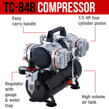 6 Master Model G22, G34 & G44 Gravity Feed, S62 & S68 Siphon Feed, S68 Side Feed Airbrushes with 4 Cylinder Piston Air Compressor with Storage Tank