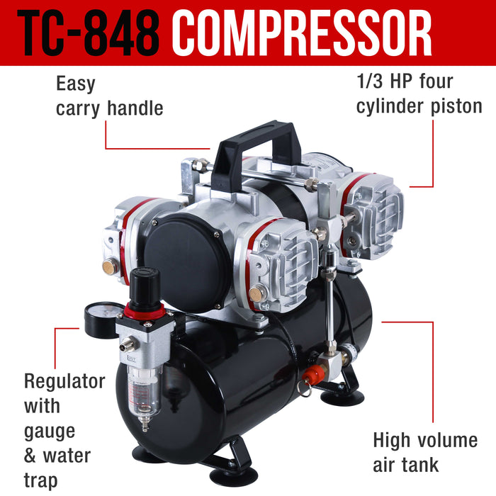 6 Master Model G22, G34 & G44 Gravity Feed, S62 & S68 Siphon Feed, S68 Side Feed Airbrushes with 4 Cylinder Piston Air Compressor with Storage Tank