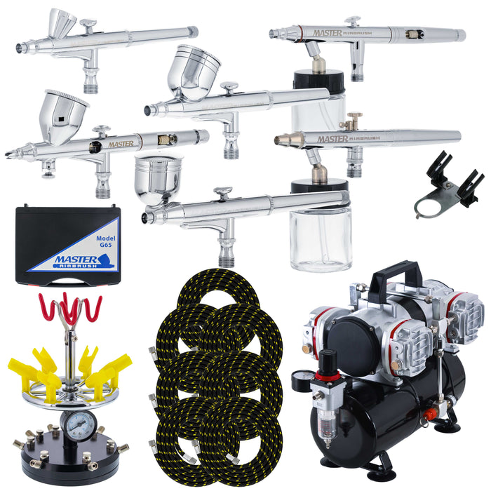 6 Master Model G22, G34 & G44 Gravity Feed, S62 & S68 Siphon Feed, S68 Side Feed Airbrushes with 4 Cylinder Piston Air Compressor with Storage Tank