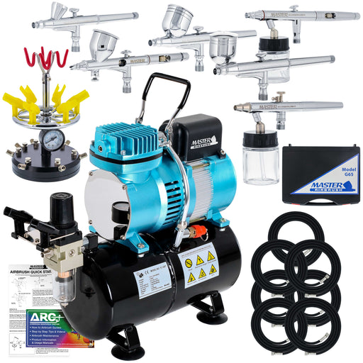 6 Master Model G22, G34 & G44 Gravity Feed, S62 & S68 Siphon Feed, S68 Side Feed Airbrushes with Air Compressor with Air Storage Tank