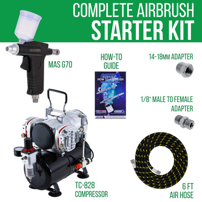 Precision Trigger Style Gravity Feed Airbrush Set with Twin Cylinder Piston Airbrush Compressor with Air Storage Tank