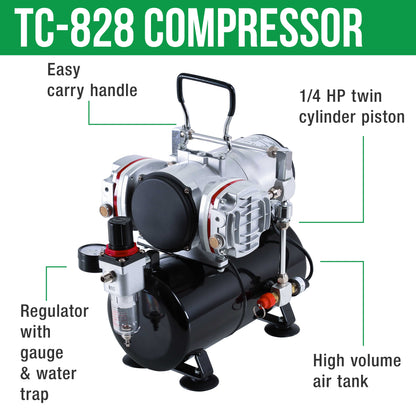 Precision Trigger Style Gravity Feed Airbrush Set with Twin Cylinder Piston Airbrush Compressor with Air Storage Tank