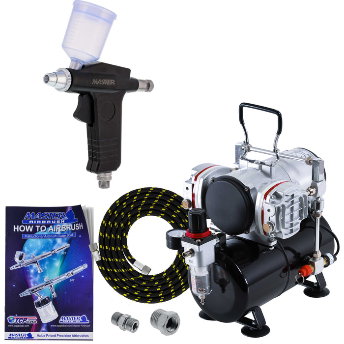 Gravity Feed Trigger Airbrush with Twin Cylinder Piston Compressor