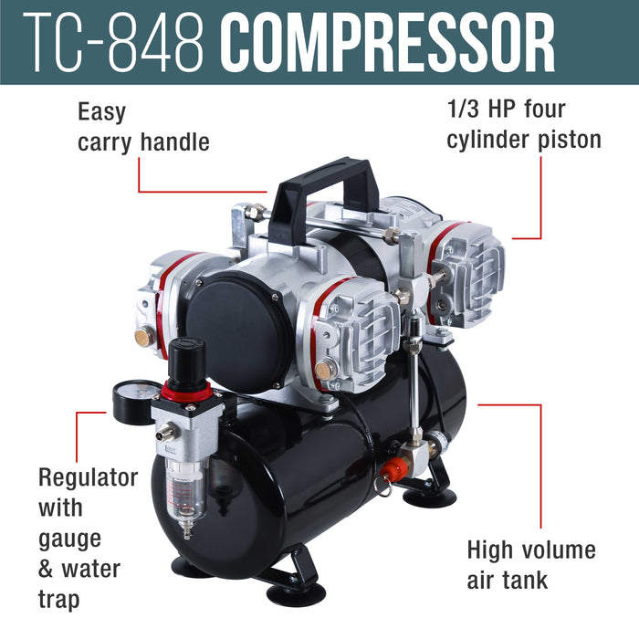 Hi-Flow Model G79 Airbrushing System with Model TC-848 4 Cylinder Piston Air Compressor with Air Storage Tank