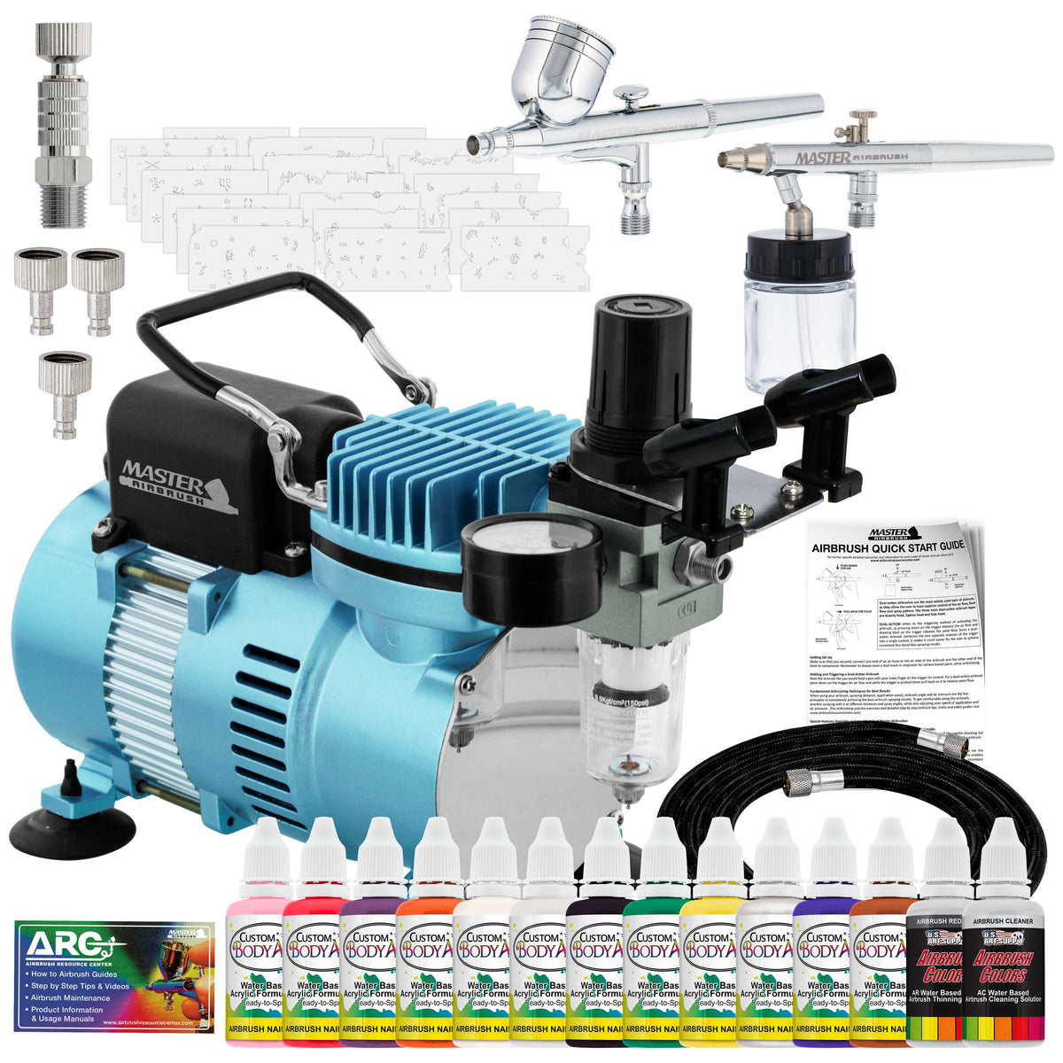 2 Airbrush Nail Kit, Compressor, Air Hose, 20 Stencils & 12 Colors