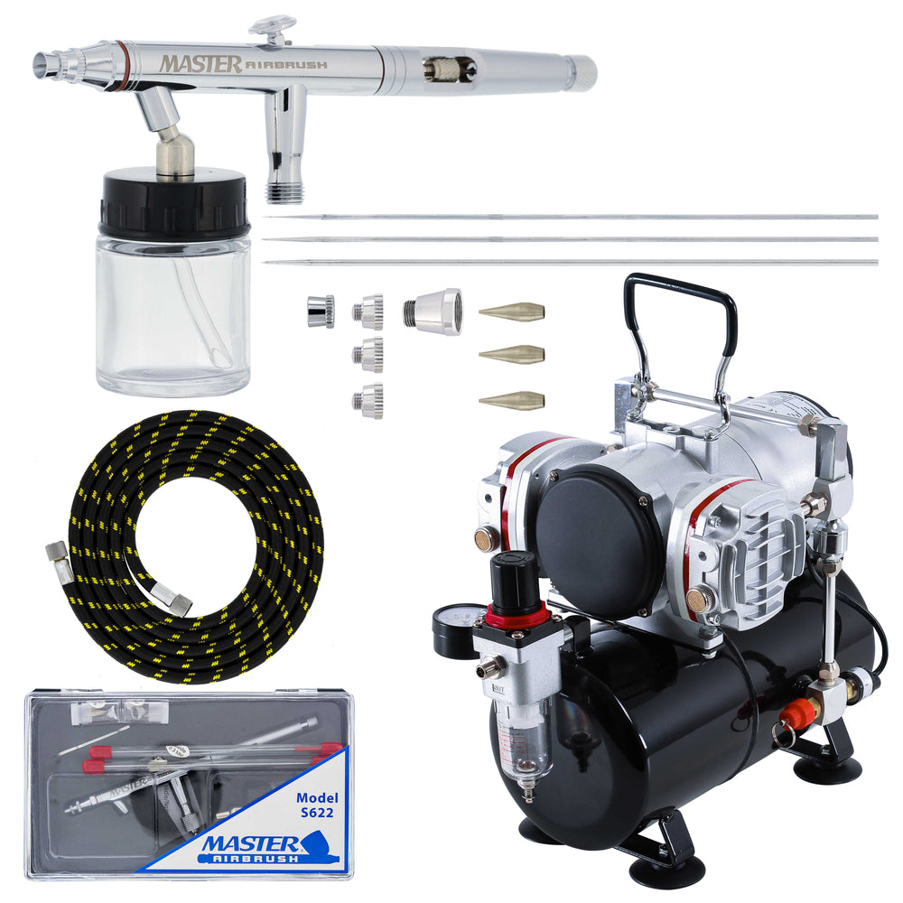 HI-FLOW All-Purpose Precision Dual-Action Siphon Feed Airbrush Set with Twin Cylinder Piston Airbrush Compressor with Air Storage Tank