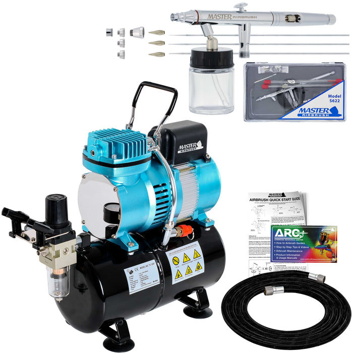 HI-FLOW All-Purpose Precision Dual-Action Siphon Feed Airbrush Set with Airbrush Air Compressor with Air Storage Tank