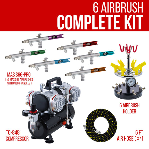 6 Master Performance Model S58 Multi-Purpose Precision Dual-Action Siphon Feed Airbrushes with 4 Cylinder Piston Air Compressor with Air Storage Tank