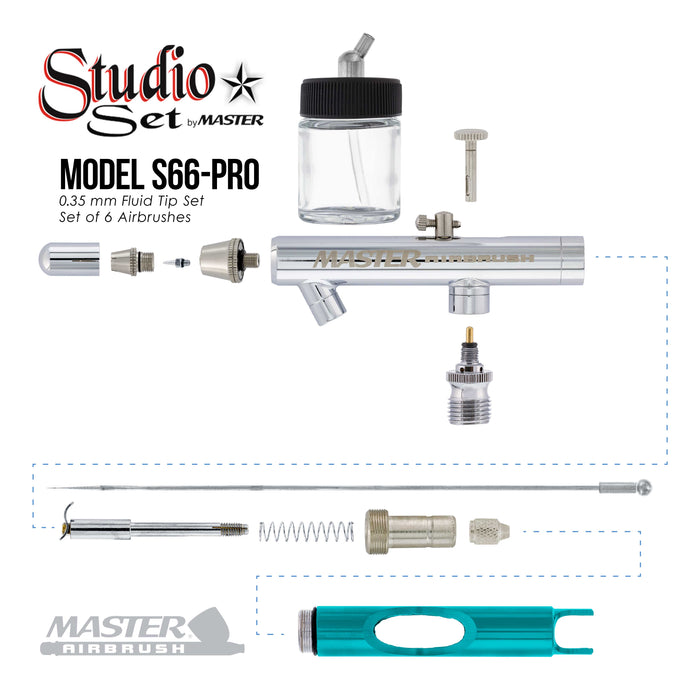 6 Master Performance Model S58 Multi-Purpose Precision Dual-Action Siphon Feed Airbrushes with 4 Cylinder Piston Air Compressor with Air Storage Tank