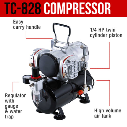 8 HI-FLOW All-Purpose Precision Dual-Action Siphon Feed Airbrushes with Twin Cylinder Piston Airbrush Compressor with Air Storage Tank