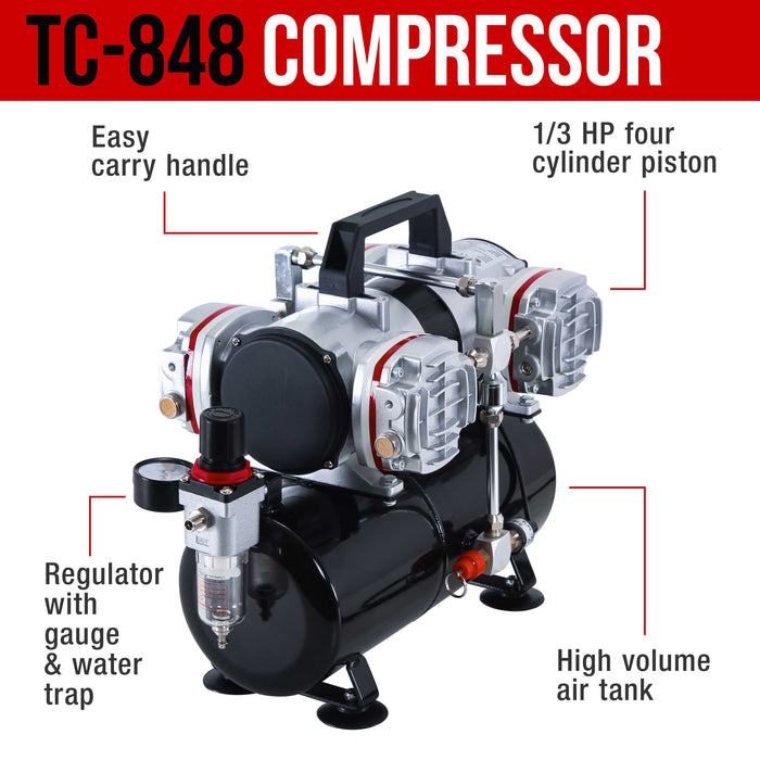 8 HI-FLOW All-Purpose Precision Dual-Action Siphon Feed Airbrushing System with Model TC-848 4 Cylinder Piston Air Compressor with Air Storage Tank