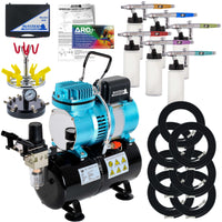 6 HI-FLOW All-Purpose Precision Dual-Action Siphon Feed Airbrushes with High Performance Airbrush Air Compressor with Air Storage Tank