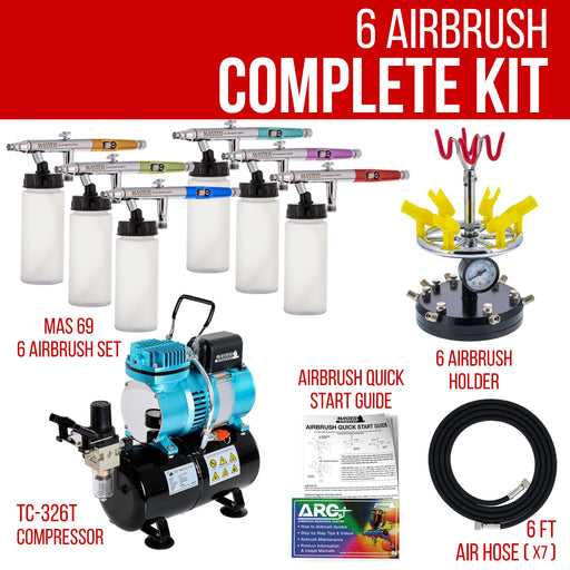 6 HI-FLOW All-Purpose Precision Dual-Action Siphon Feed Airbrushes with High Performance Airbrush Air Compressor with Air Storage Tank