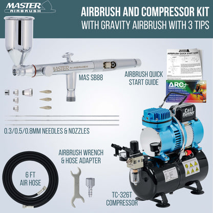 SB88 Pro System - Dual-Action Side Feed Airbrush, Tank Compressor, 3 Nozzle Sets (0.3, 0.5, 0.8mm), 1/2oz Gravity Cup, How To Guide