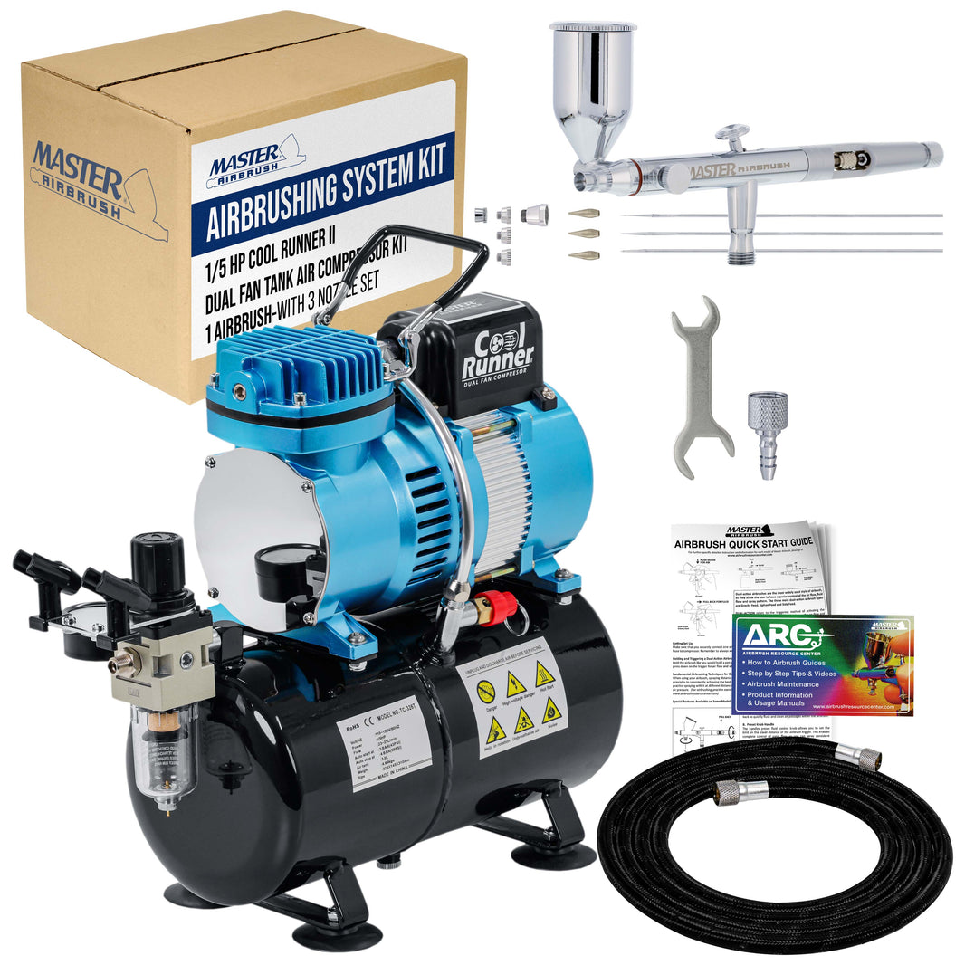 SB88 Pro System - Dual-Action Side Feed Airbrush, Tank Compressor, 3 Nozzle Sets (0.3, 0.5, 0.8mm), 1/2oz Gravity Cup, How To Guide