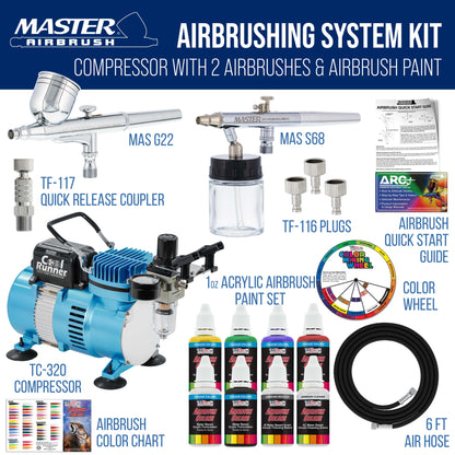 Cool Runner II with Dual Fan Compressor & 2 Airbrushes - Includes 6 Primary Acrylic Paint Colors Artist Set, Color Chart & Hose