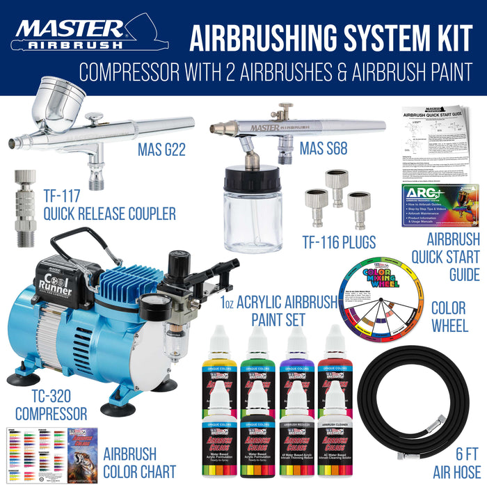 Master Airbrush Cool Runner II Air Brush Kit with Dual Fan Compressor & 2 Airbrushes - Includes 6 Primary Acrylic Paint Colors Artist Set, How-To Guide, Color Chart & Hose