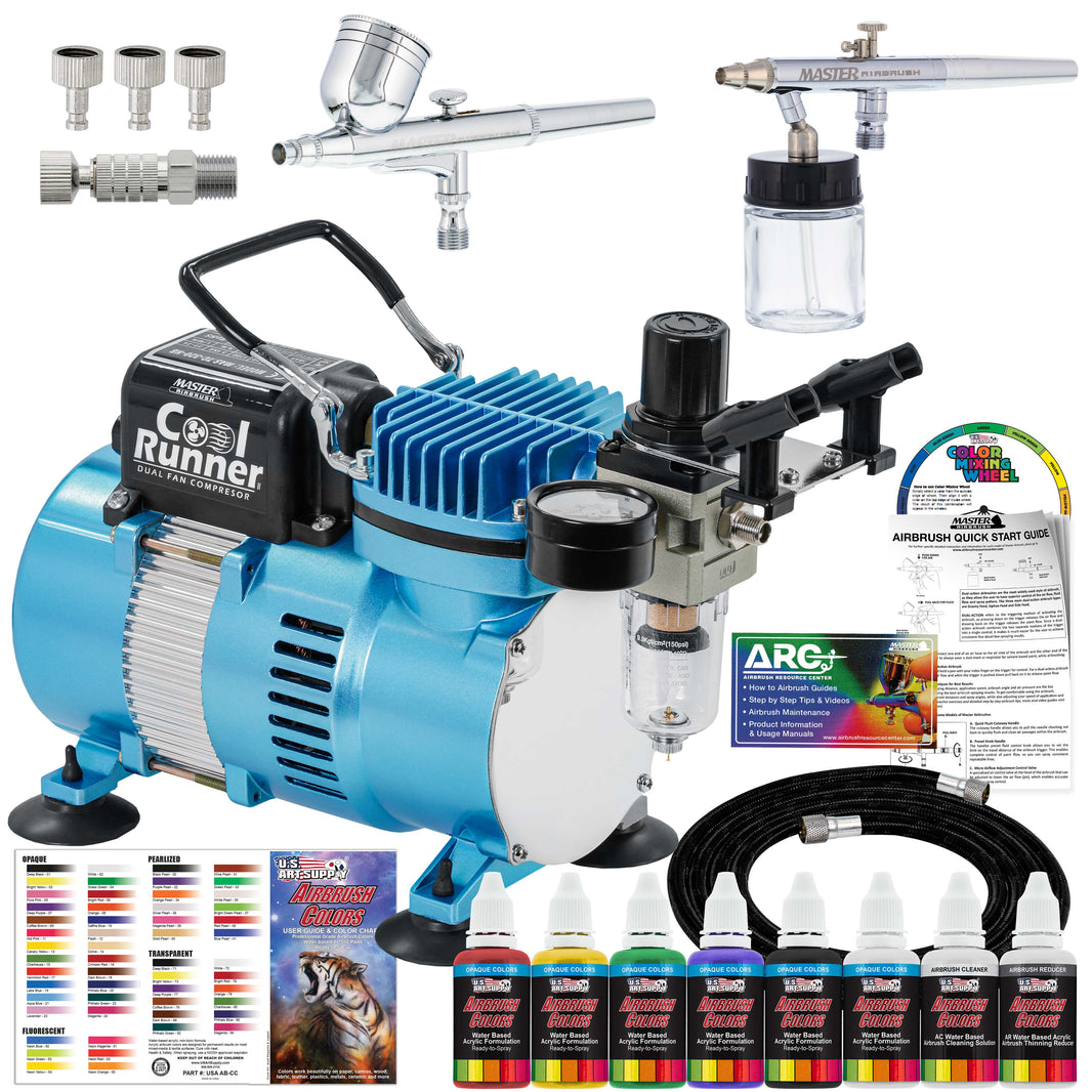 Cool Runner II with Dual Fan Compressor & 2 Airbrushes - Includes 6 Primary Acrylic Paint Colors Artist Set, Color Chart & Hose